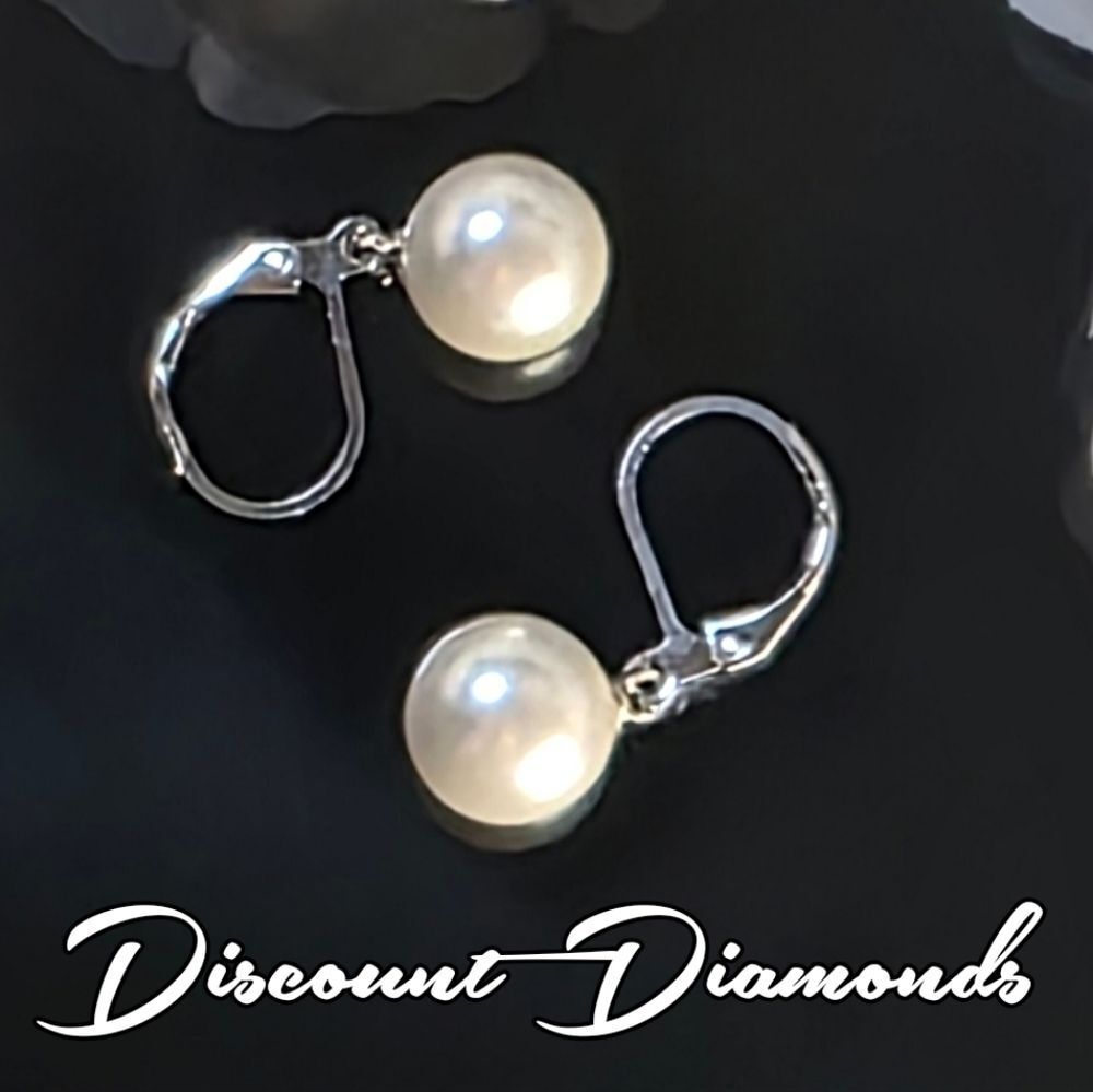 10mm White South Sea Shell Pearl Leverback Earrings 925 Silver
